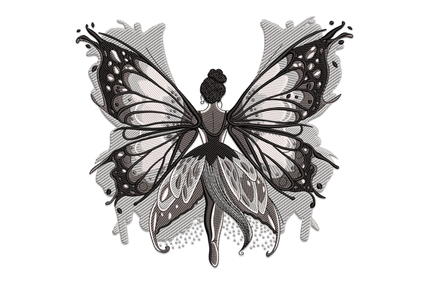 Monochrome fairy butterfly embroidery, lace-like etched wings in 4 grey tones, fairy figure centred between large spread wings.