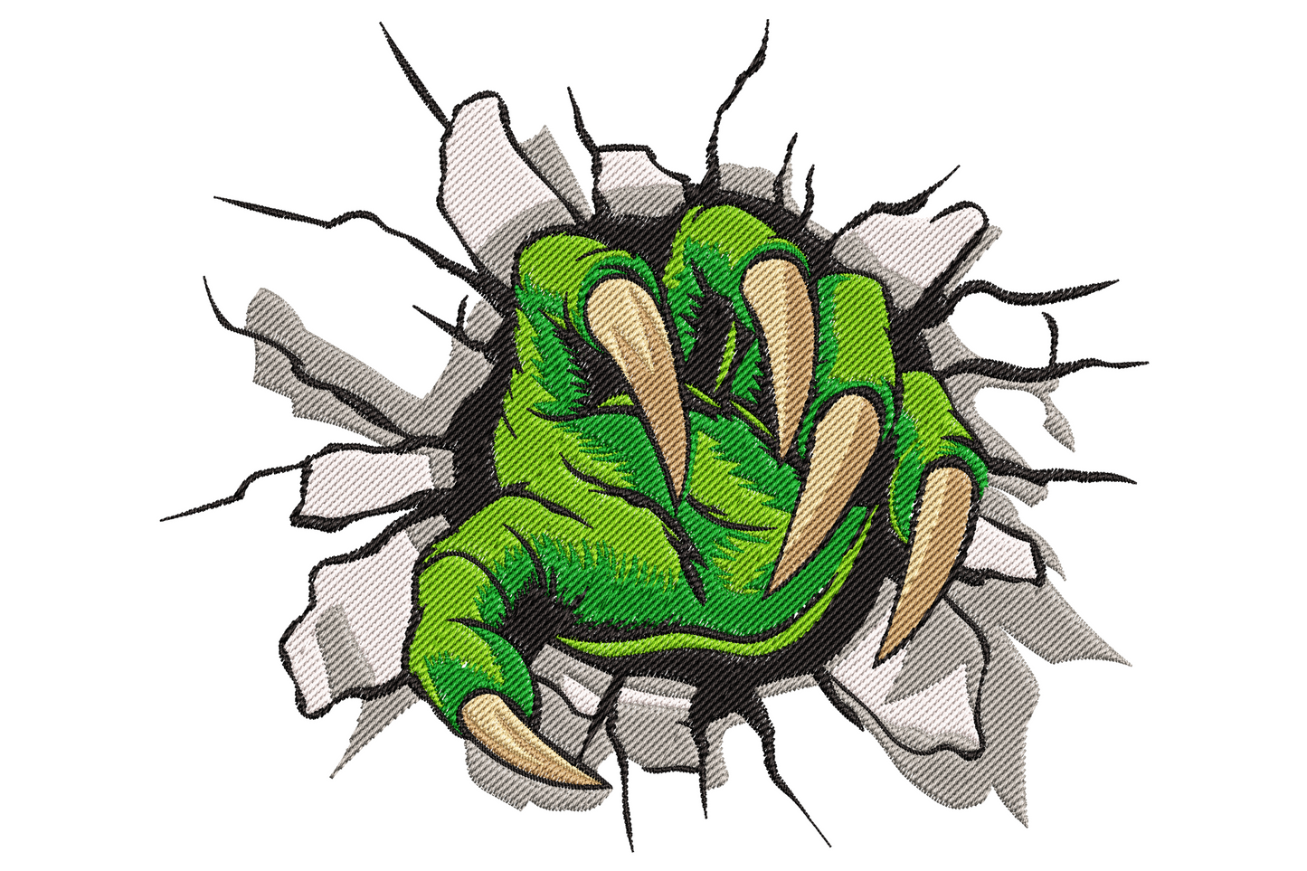 Monster claw breaking wall embroidery, green scaly hand with bone claws bursting through cracked grey stone wall.