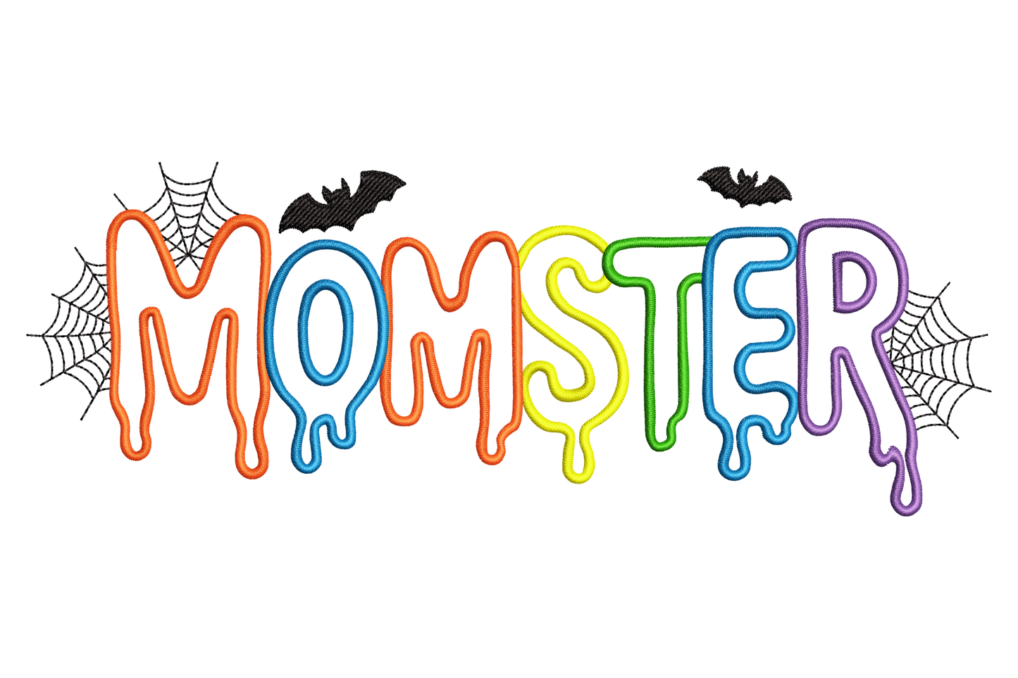 Monster Halloween word lettering in cartoon style with six colours and monster letter features, flat wide banner proportion, 3.5 by 1.29 inches machine embroidery design