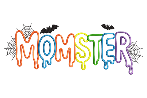 Monster Halloween word lettering in cartoon style with six colours and monster letter features, flat wide banner proportion, 3.5 by 1.29 inches machine embroidery design