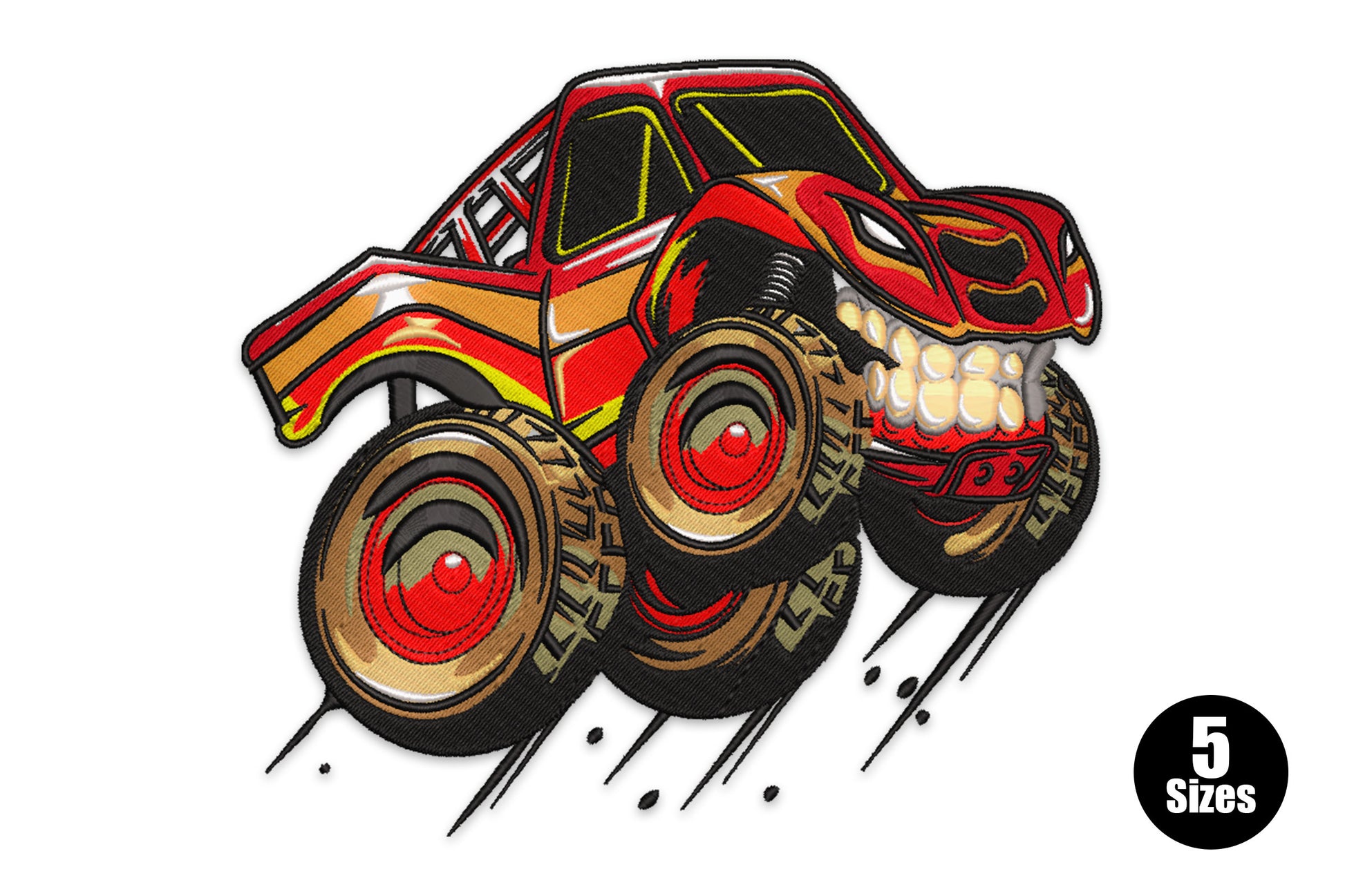 Monster truck embroidery design, cartoon vehicle with big wheels and raised suspension, 10 colours, 5 sizes up to 7.2 inches.