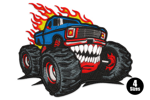Monster truck embroidery, blue cab with shark mouth teeth grill, red orange yellow flames above massive black tyres