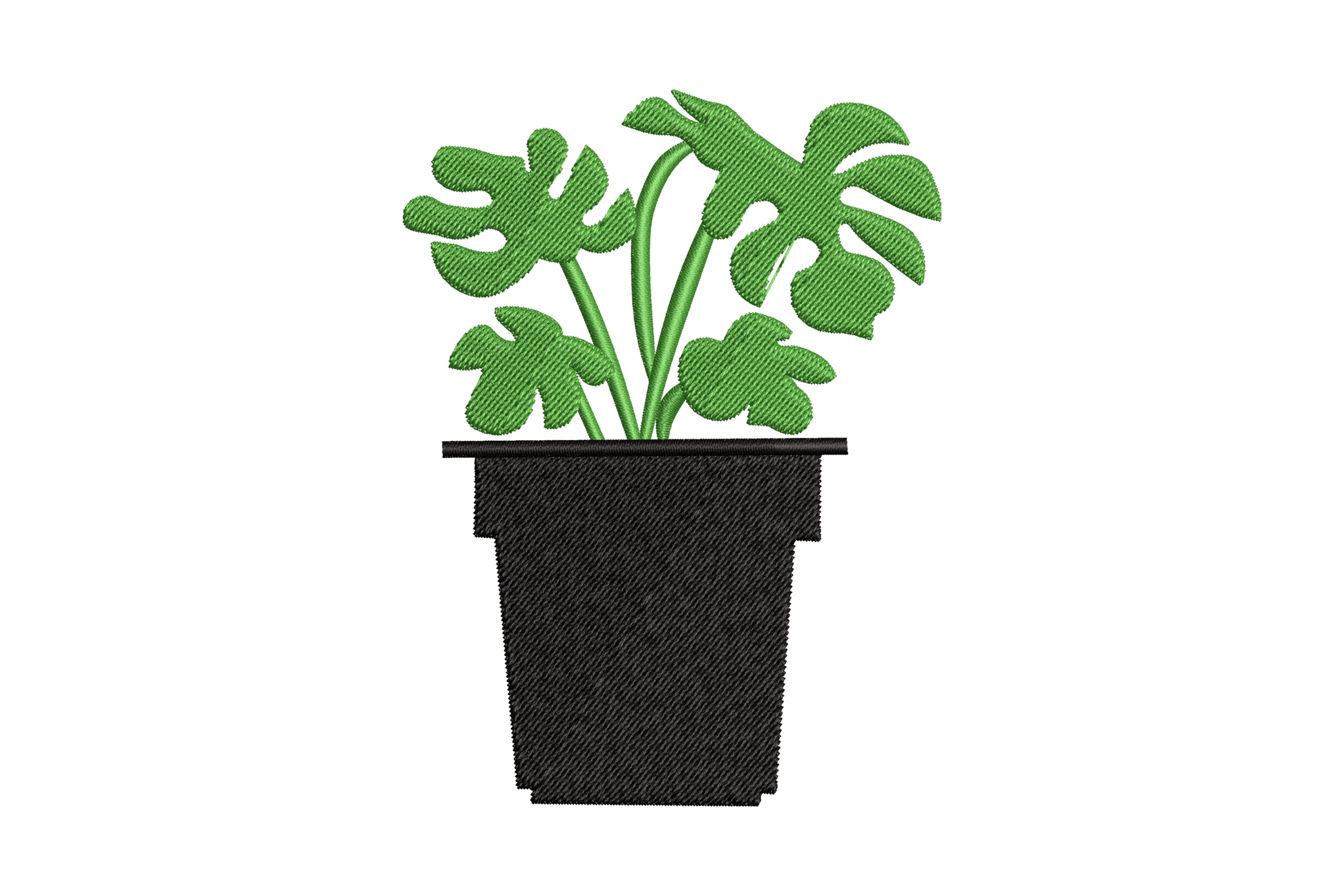 Monstera potted plant embroidery design, three emerald green leaves with split holes in a terracotta round pot.