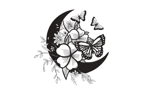 Moon butterfly floral embroidery design, black crescent moon with hibiscus flowers and monarch butterfly in single-colour linework