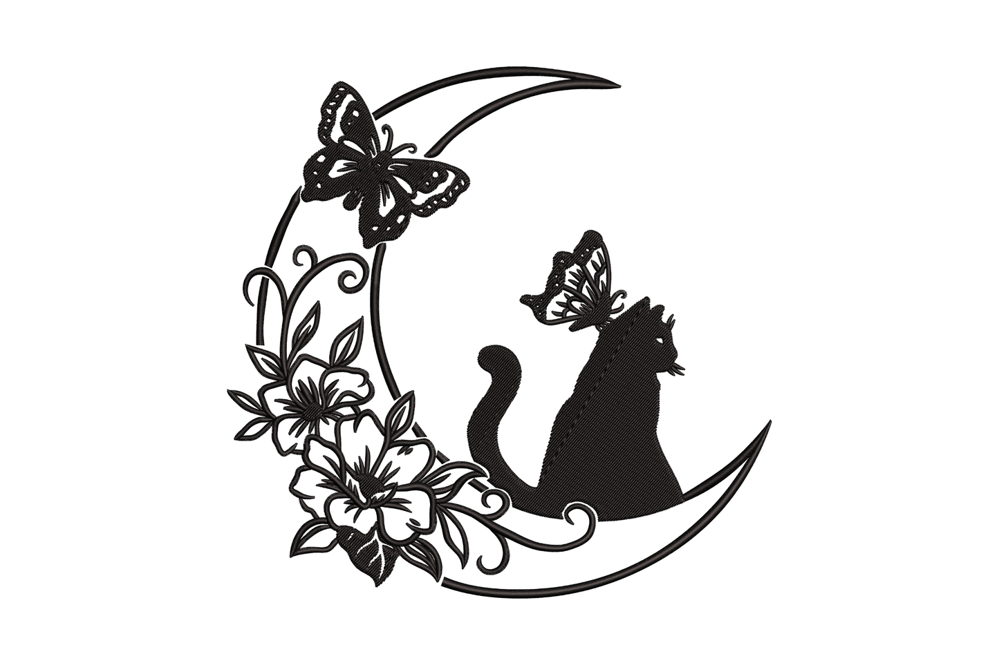 Black silhouette cat on floral crescent moon with two butterflies, single-color celestial blackwork embroidery design