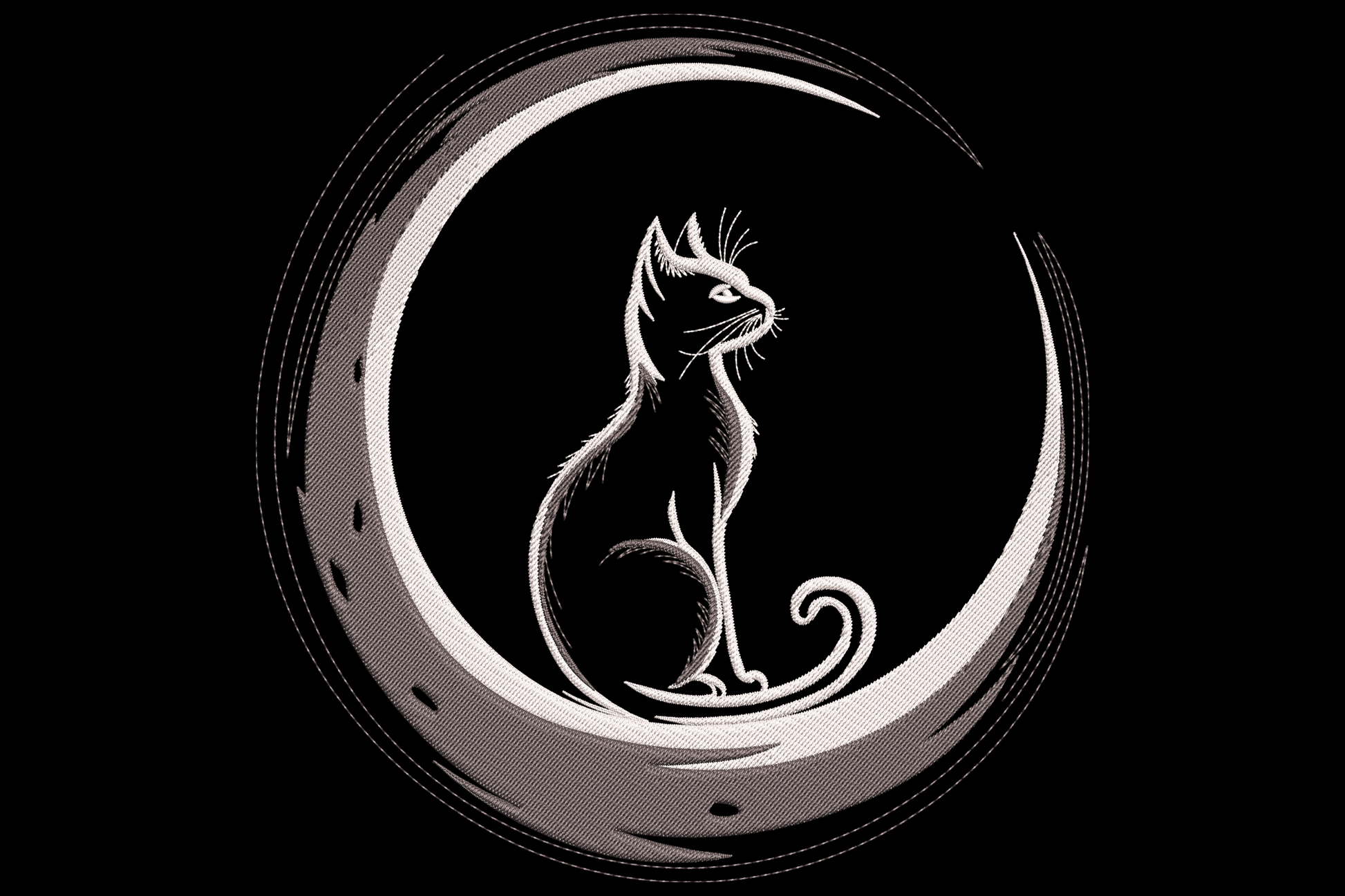 Minimalist cat silhouette sitting inside a crescent moon with ink-brush style outline embroidery in dark charcoal on white.