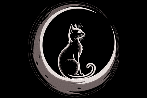 Minimalist cat silhouette sitting inside a crescent moon with ink-brush style outline embroidery in dark charcoal on white.