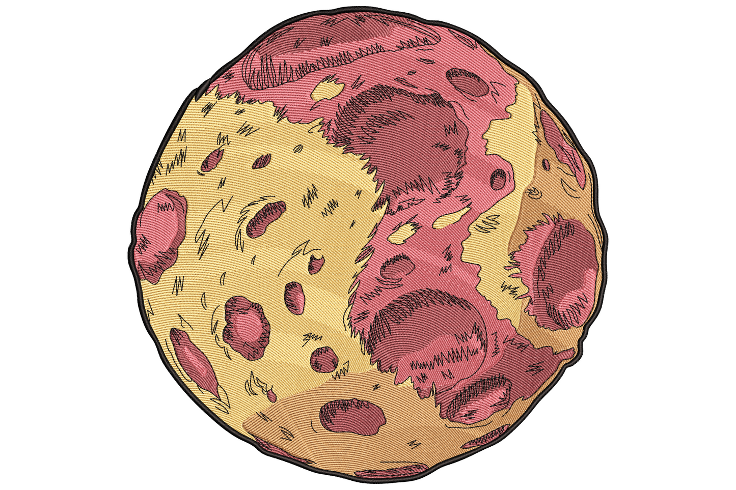 Full moon crater embroidery in dusty pink and sand colourway with deep shadow craters and black ink outline around the edge.