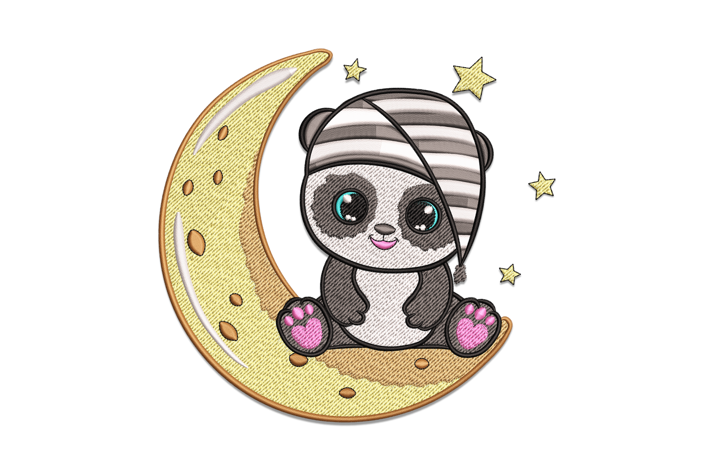 Moon panda embroidery design with a baby panda in a grey striped sleep cap sitting on a golden cratered crescent moon surrounded by five pale gold stars.