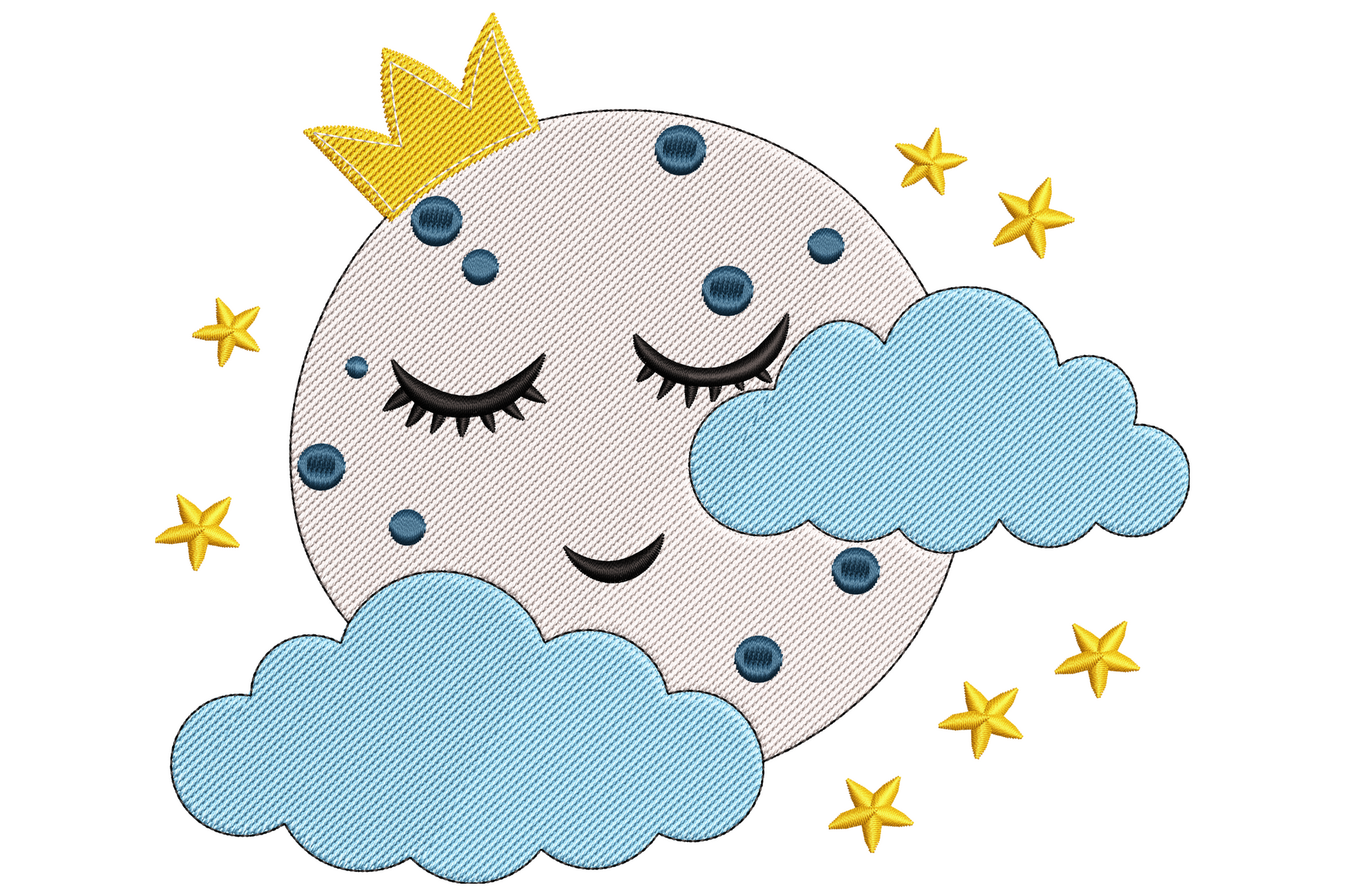 Sleeping princess in a soft lilac gown curled on a cream crescent moon between two pale blue clouds, dreamy storybook nursery embroidery design.