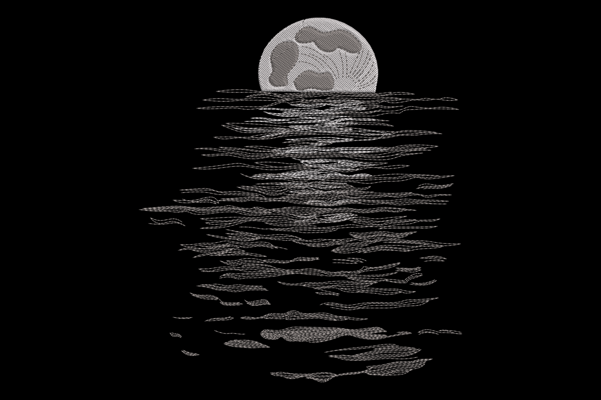 Moon reflection embroidery design showing full moon orb above horizontal rippling water reflection strokes in two grey tones