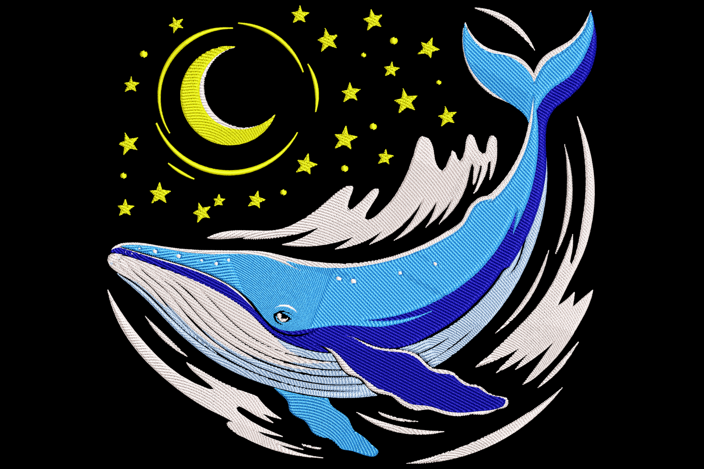 Moon whale embroidery with humpback leaping through waves, yellow crescent moon and connect-the-dot star pattern in sky.
