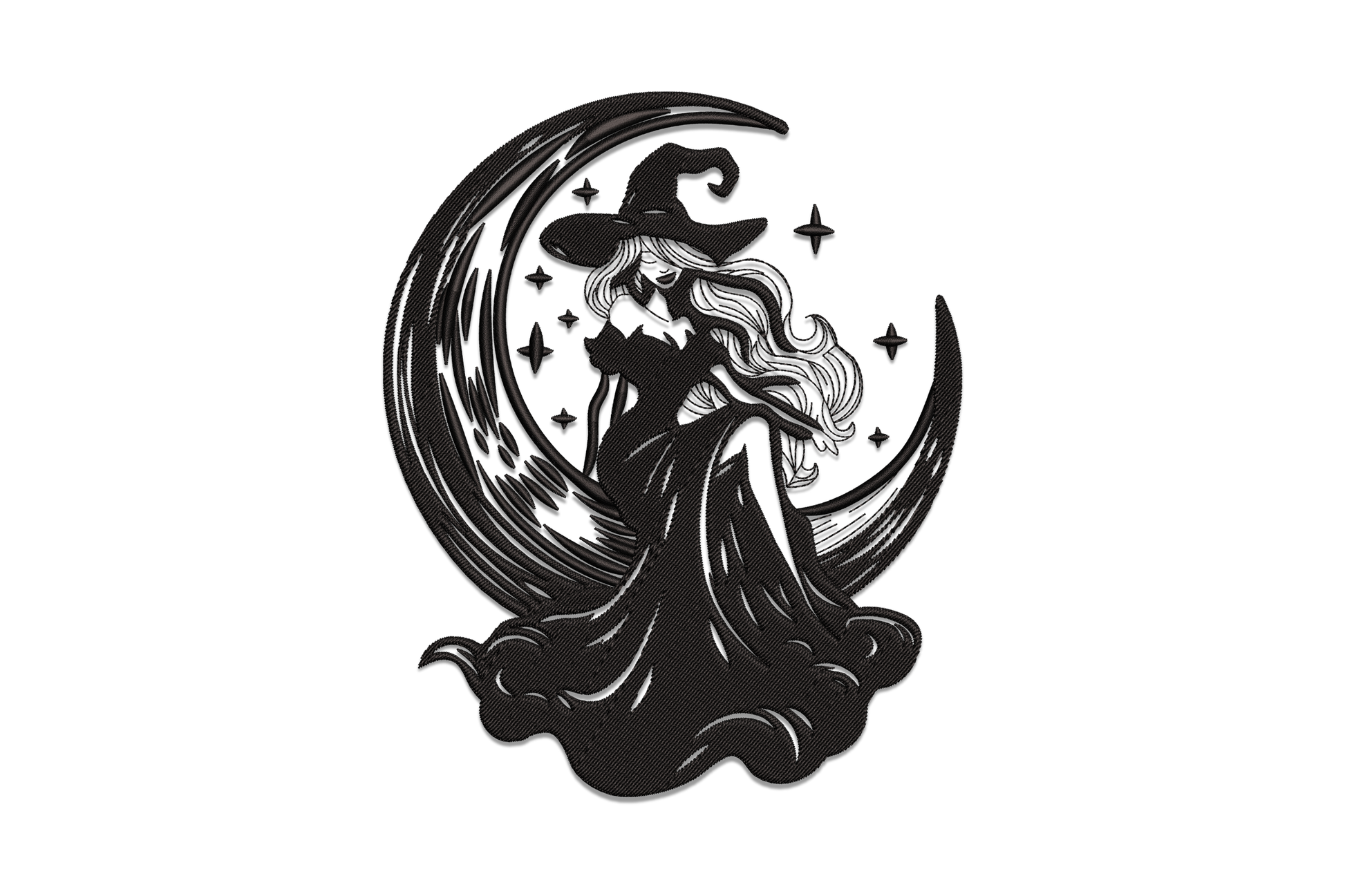 Moon witch silhouette halloween embroidery design, witch on broomstick flying across full moon, single colour, 5 sizes from 3.51 to 7.51 inches