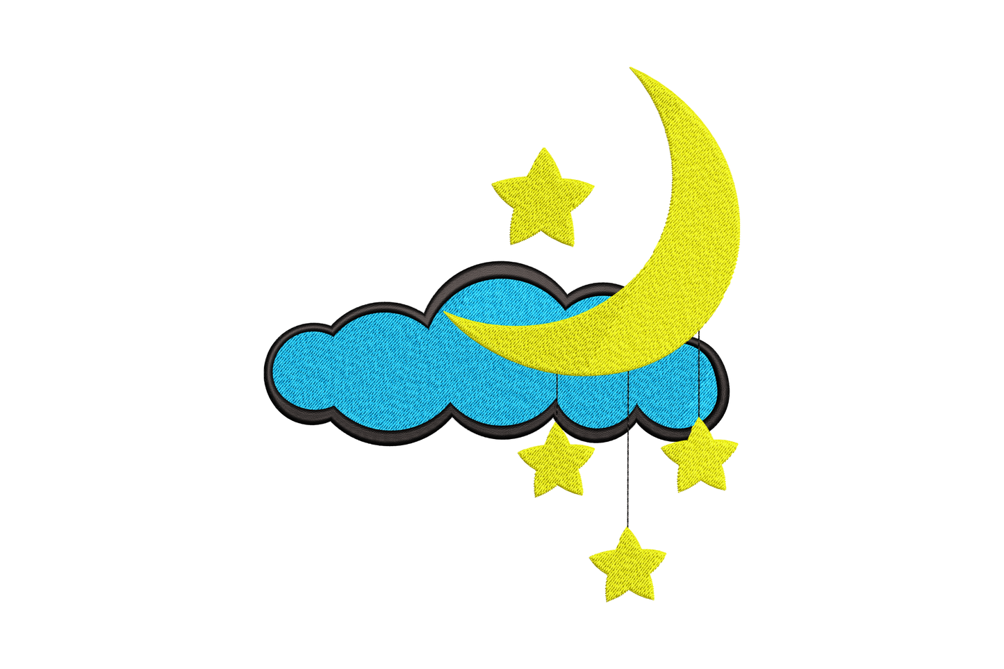 Moon cloud hanging stars nursery embroidery, yellow crescent moon over blue cloud with 3 dangling yellow stars, black outline, baby design