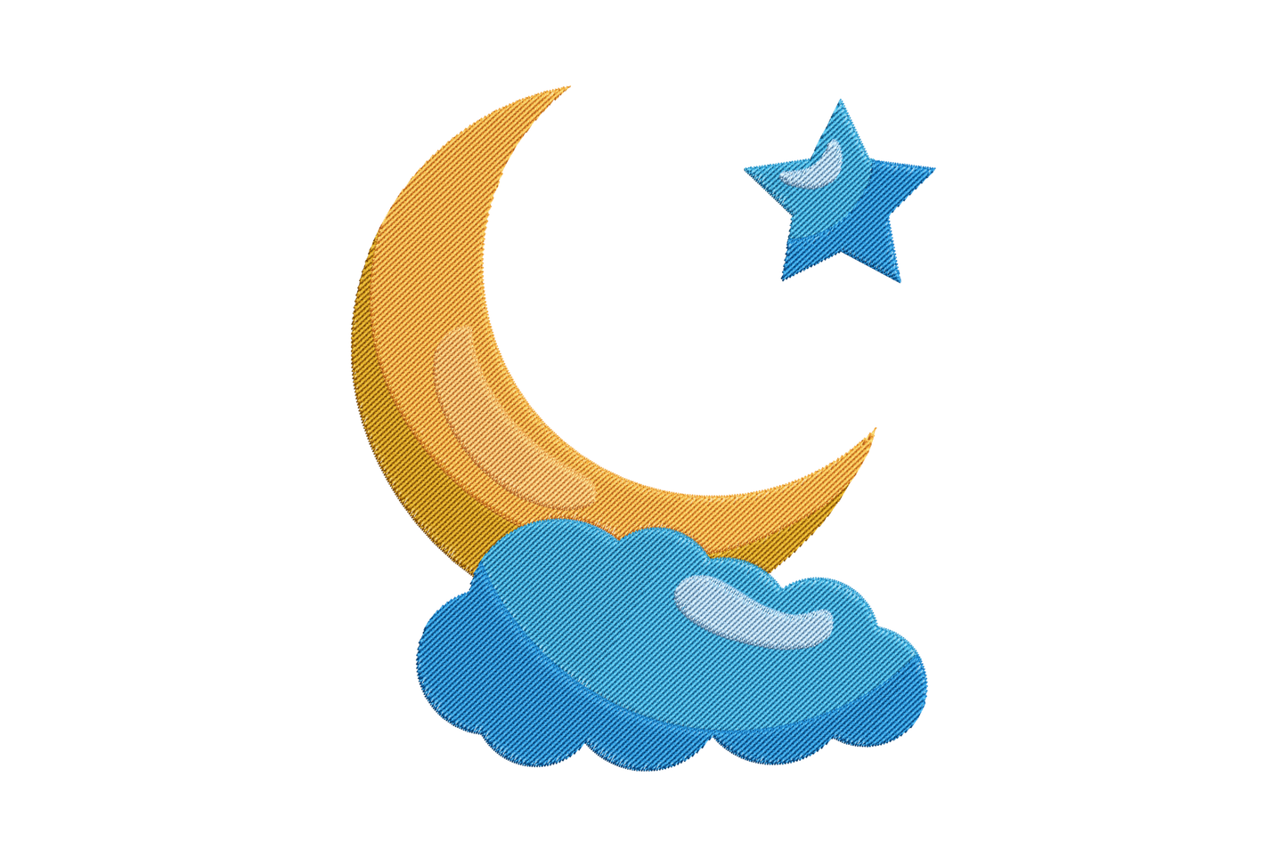 Moon cloud and star nursery embroidery design, orange crescent moon with blue cloud and star, soft baby palette, machine embroidery