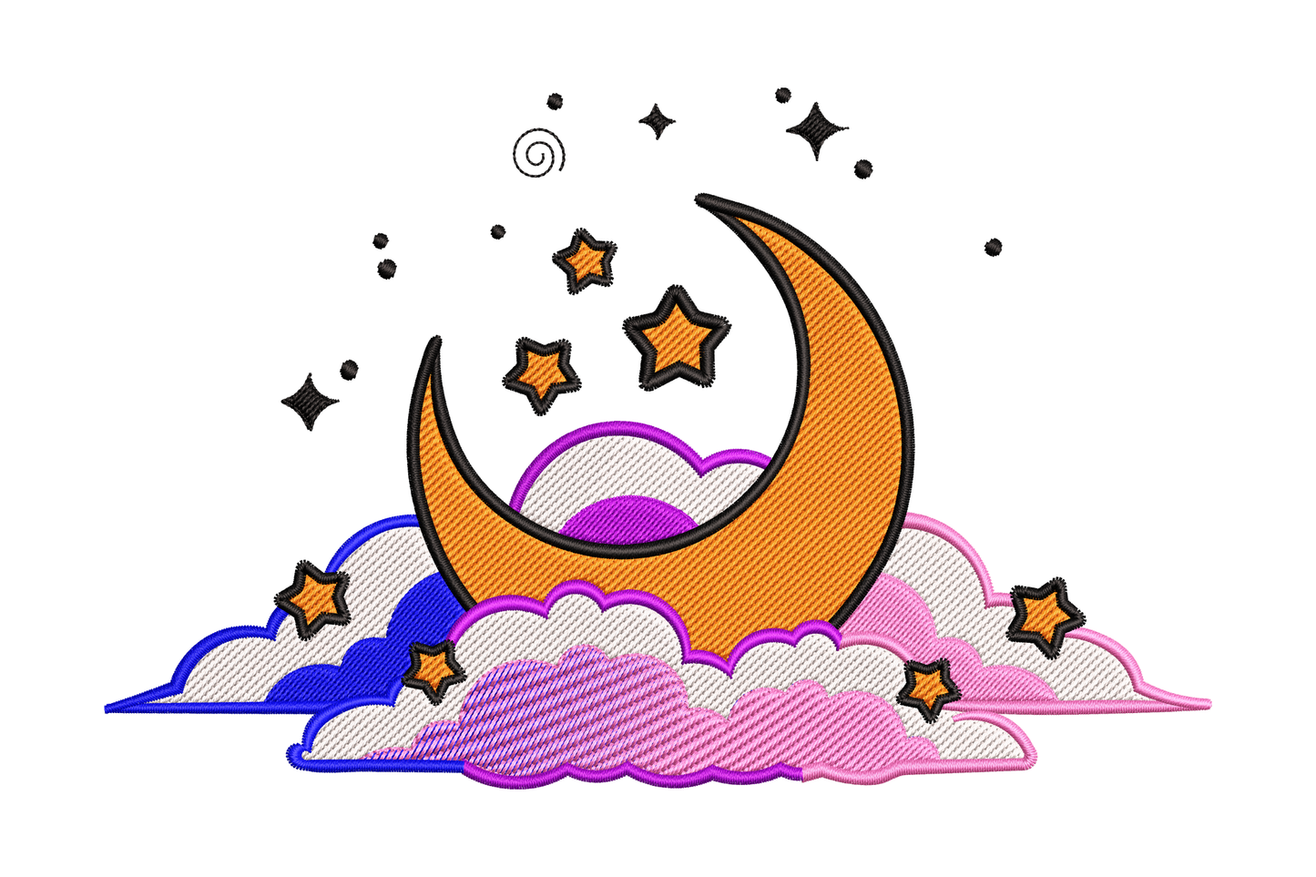 Moon and stars over colorful clouds embroidery, orange crescent moon with layered pink purple blue clouds and ornate star accents, boho nursery design