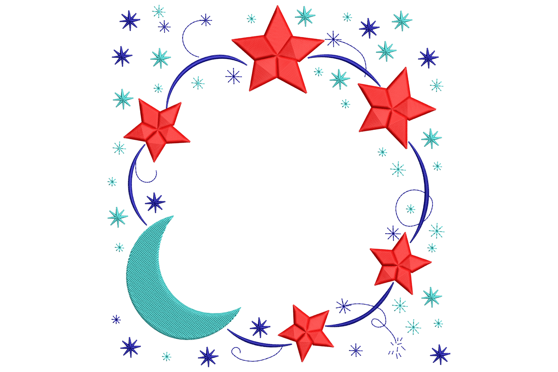 Celestial wreath embroidery with navy looping vine, five red satin stars and an aqua crescent moon at the bottom-left.
