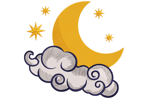 Moon and stars nursery embroidery design with sleeping crescent moon face and scattered five-pointed stars in gold and navy on white background.