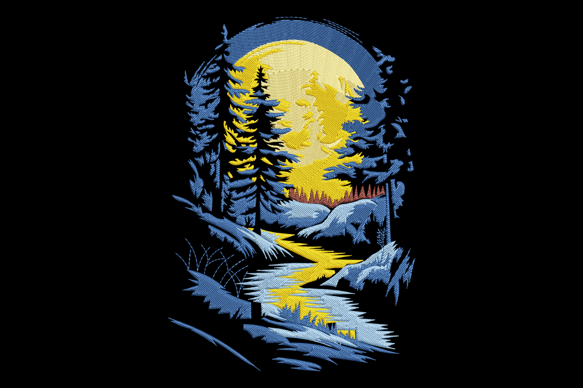 Moonlight forest river embroidery design with golden moon, navy pine tree silhouettes, river reflection and snow-dusted banks in a circular night scene.