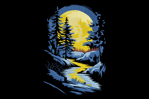 Moonlight forest river embroidery design with golden moon, navy pine tree silhouettes, river reflection and snow-dusted banks in a circular night scene.