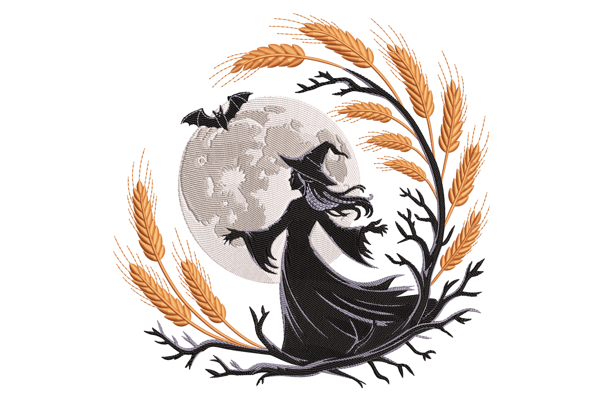 Moonlit witch harvest embroidery, silhouetted witch with arms raised under a full grey textured moon, golden wheat arch and a small bat overhead