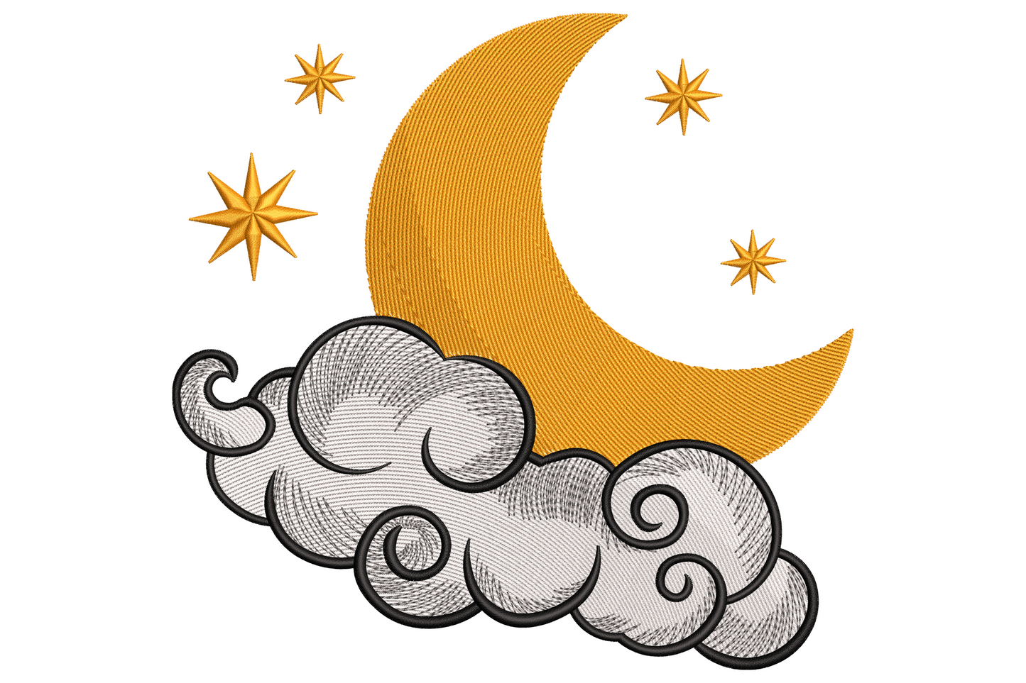 Moon with clouds and stars embroidery design, crescent moon face with fluffy clouds and scattered stars in pale gold and lavender.