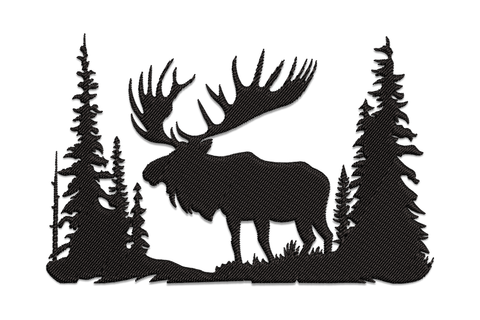 Moose forest silhouette embroidery design with pine trees, single colour, 4 sizes 1.62 to 3.48 inches wide