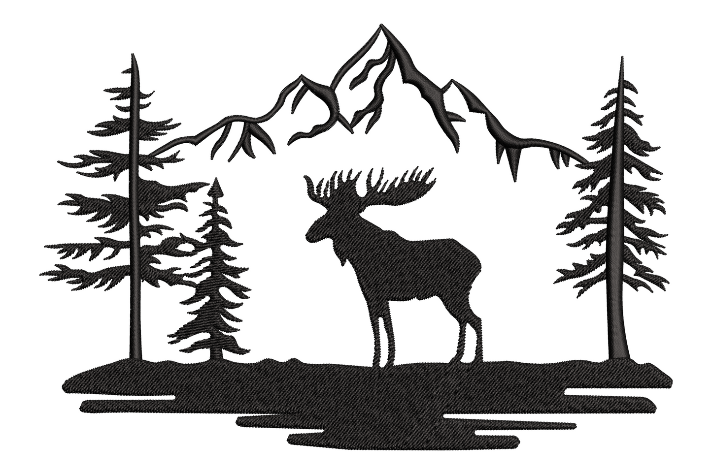 Moose mountain forest embroidery design, black silhouette of a moose flanked by pine trees with jagged mountain peaks.