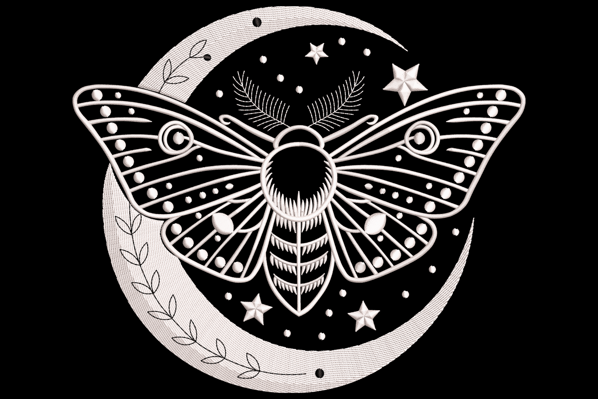 White and black embroidery of moth with spread wings inside a circular moon, with stars and botanical sprig along the lower edge.
