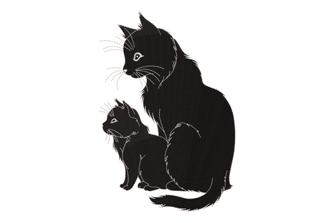 Mother cat and kitten silhouette embroidery, two black cats sitting together with white whisker lines and eye highlights.