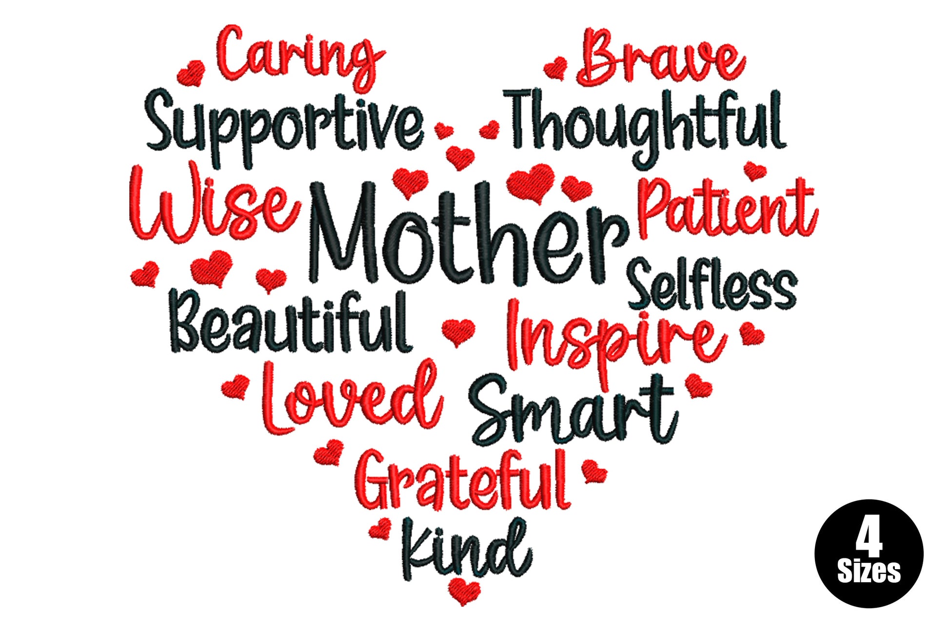 Mother heart word art embroidery design with Caring, Wise, Brave, Kind and more surrounding Mother in red and black on white background