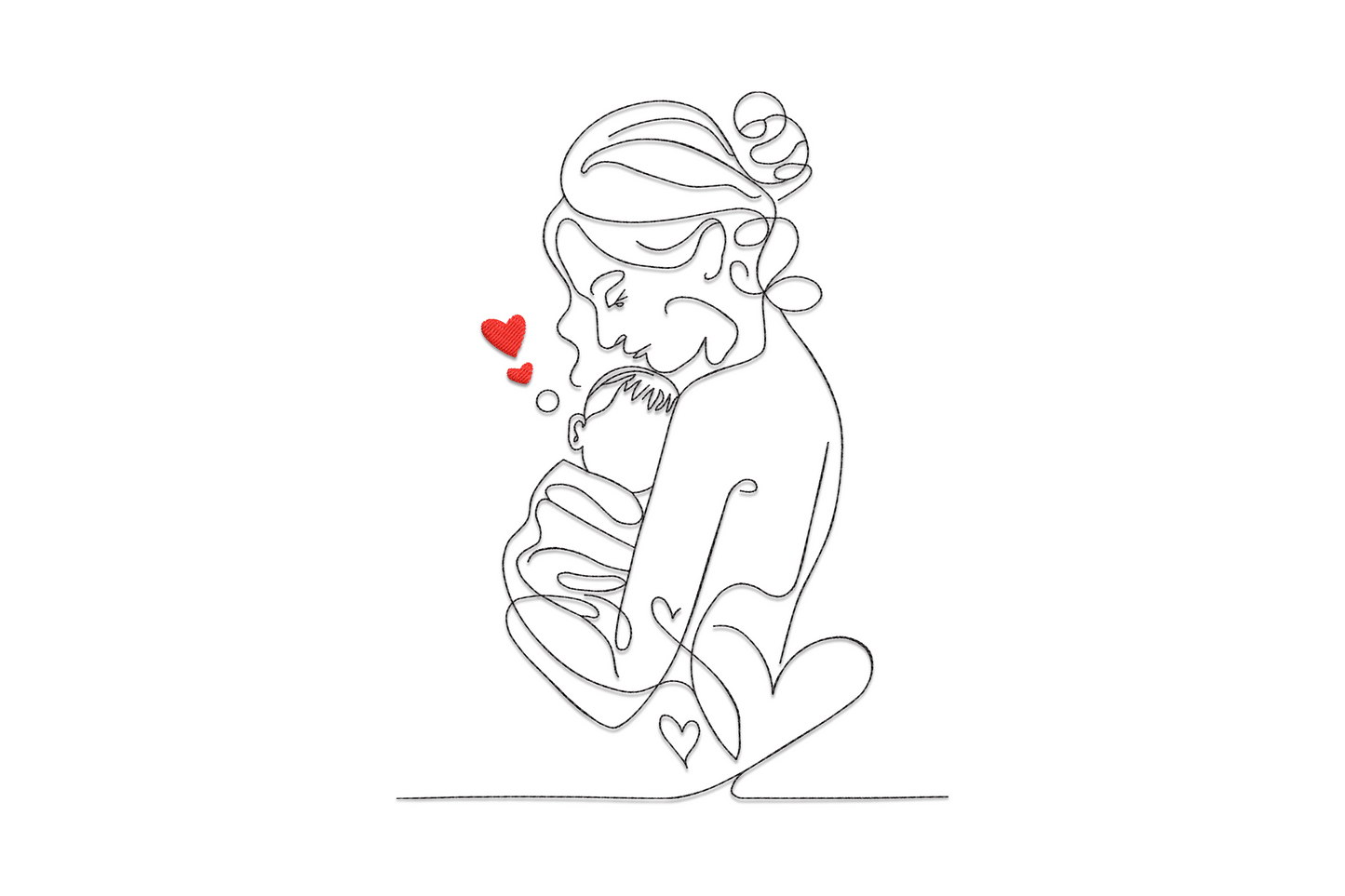 Machine embroidery line art design of a mother cradling a baby in minimal single-line contour style, two colours, clean and elegant