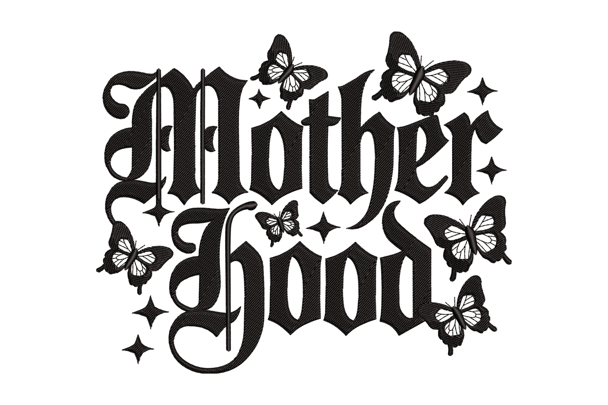 Decorative text 'Motherhood' with butterflies embroidery design