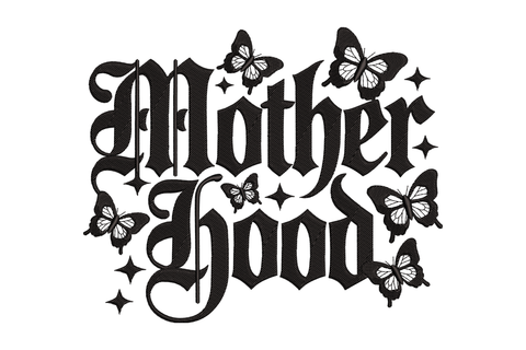 Decorative text 'Motherhood' with butterflies embroidery design