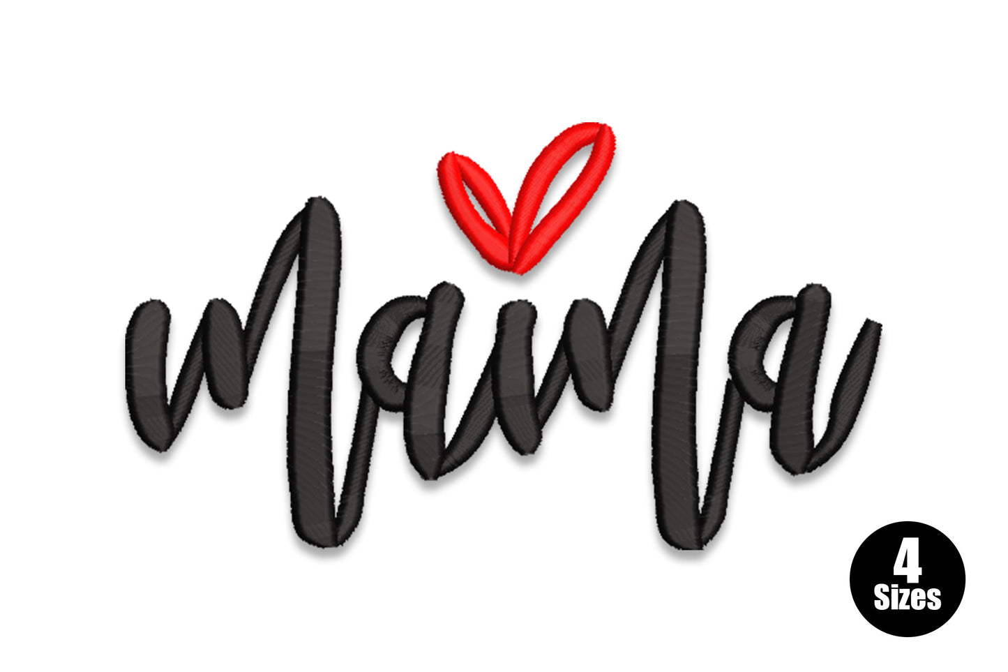 Mama handwritten brush script embroidery design in black with a sketchy open red heart above the centre letters.