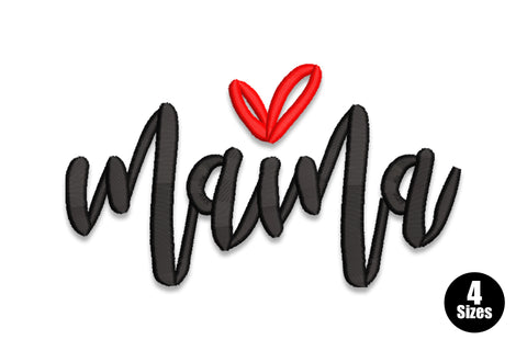 Mama handwritten brush script embroidery design in black with a sketchy open red heart above the centre letters.