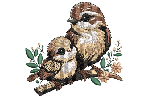 Mother and baby sparrow embroidery on a branch with green leaves, peach berries and a soft pink bloom in warm browns.