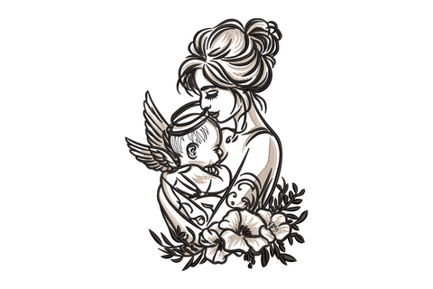 Mother and baby angel machine embroidery design, two-colour angel wings cradling figures on cream linen fabric