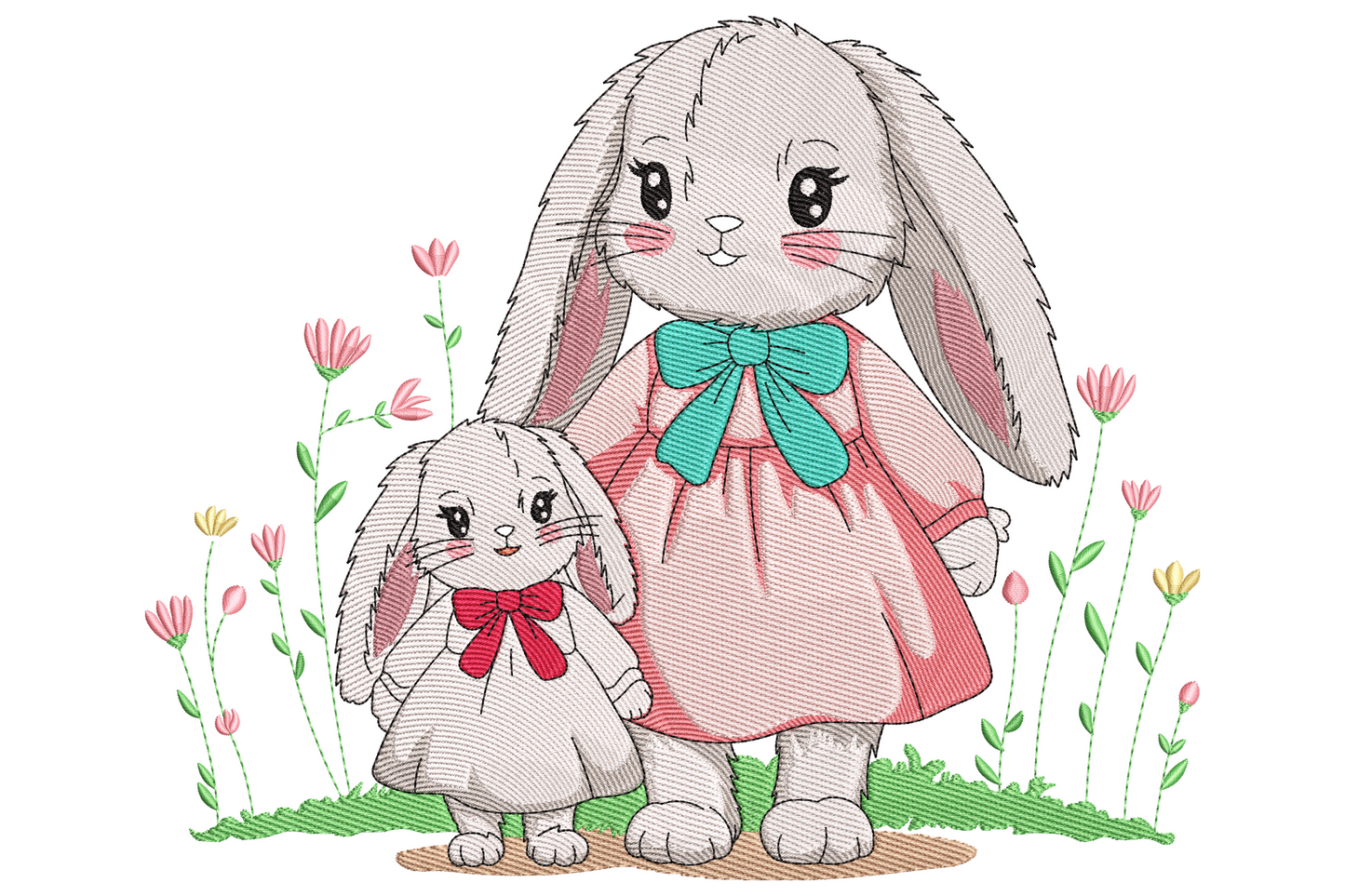 Embroidery design of mama and baby bunny together with spring daisies and leaves, 13 pastel colours, cream blush and sage green