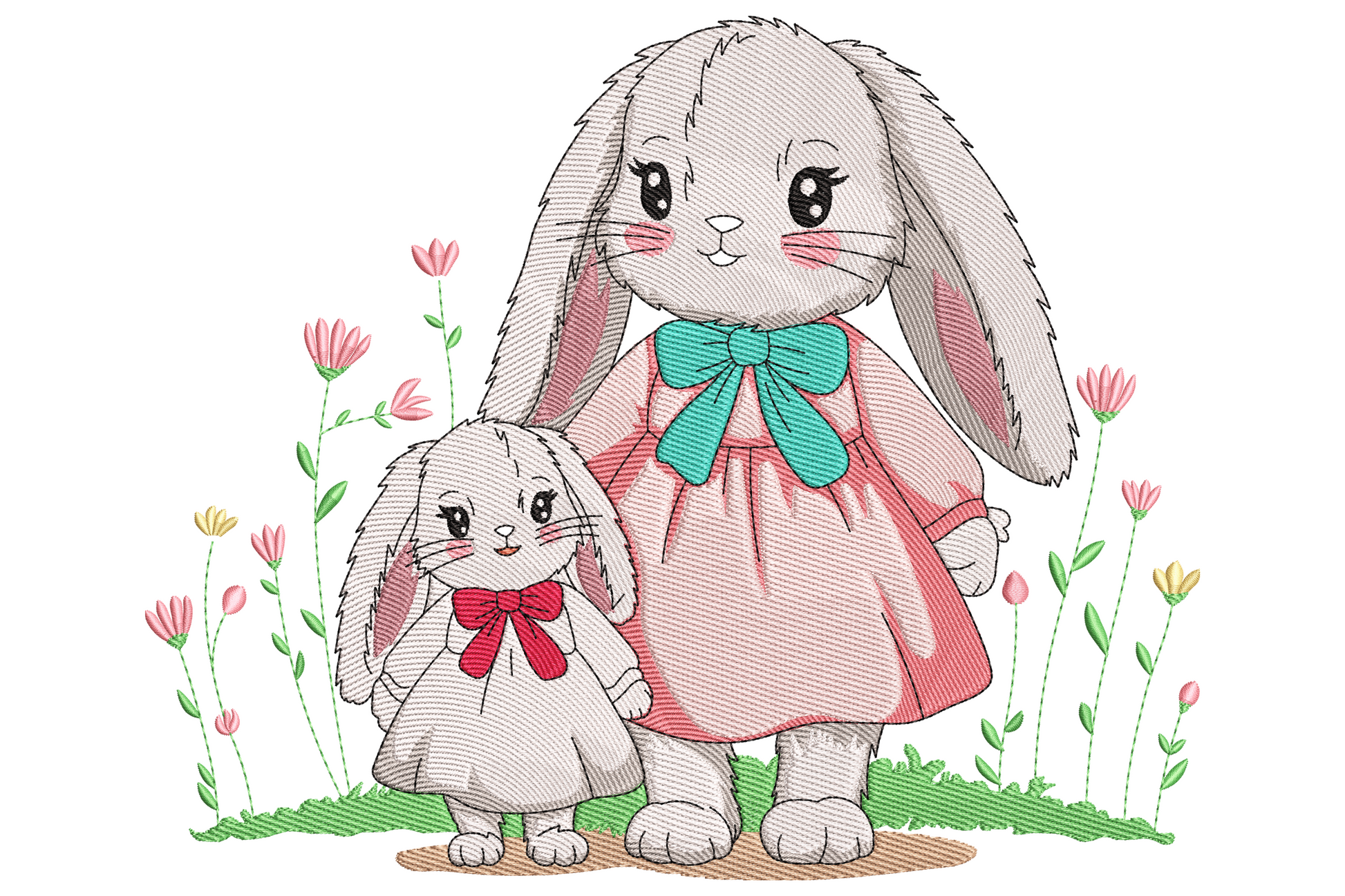 Embroidery design of mama and baby bunny together with spring daisies and leaves, 13 pastel colours, cream blush and sage green