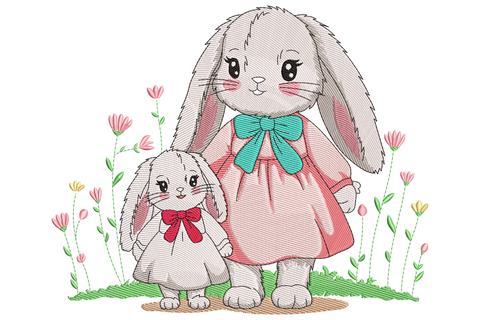 Embroidery design of mama and baby bunny together with spring daisies and leaves, 13 pastel colours, cream blush and sage green
