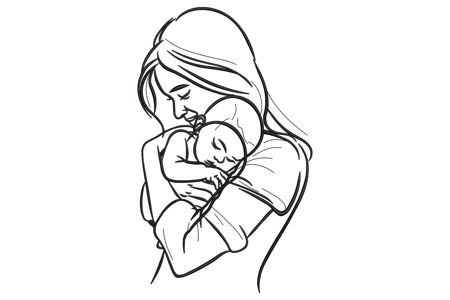Mother and baby line art embroidery design, contour sketch of mum cradling sleeping newborn in flowing black running stitch.