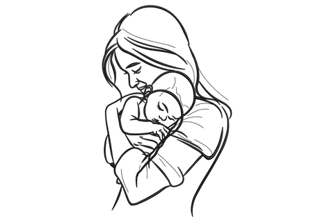 Mother and baby line art embroidery design, contour sketch of mum cradling sleeping newborn in flowing black running stitch.