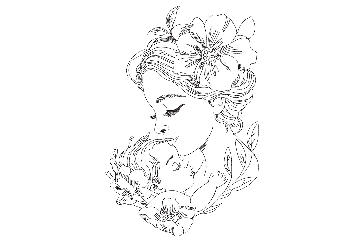 Single line embroidery of a mother holding her sleeping baby with a flower in her hair and leaves curling around them