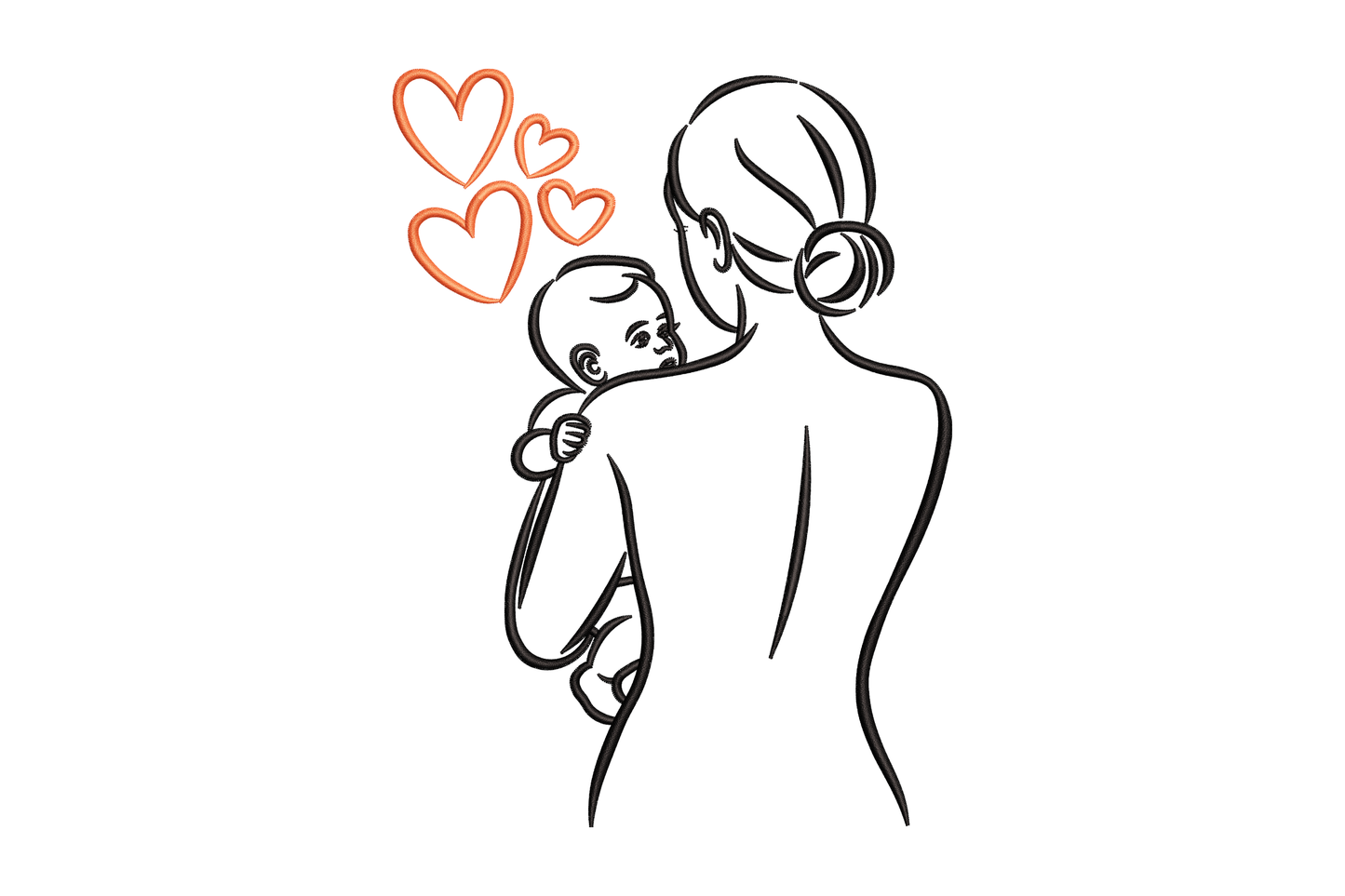 Outline of a woman holding a baby with hearts above embroidery design