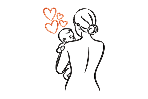 Outline of a woman holding a baby with hearts above embroidery design