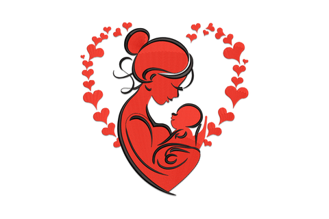 Mother and baby silhouette embroidery with red filled figures and black outlines, surrounded by a wreath of individually stitched small hearts