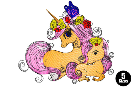 Mother and baby unicorn embroidery design, cream bodies, flowing pink mane, brown horn, blue butterfly on floral crown, baby nestled close.
