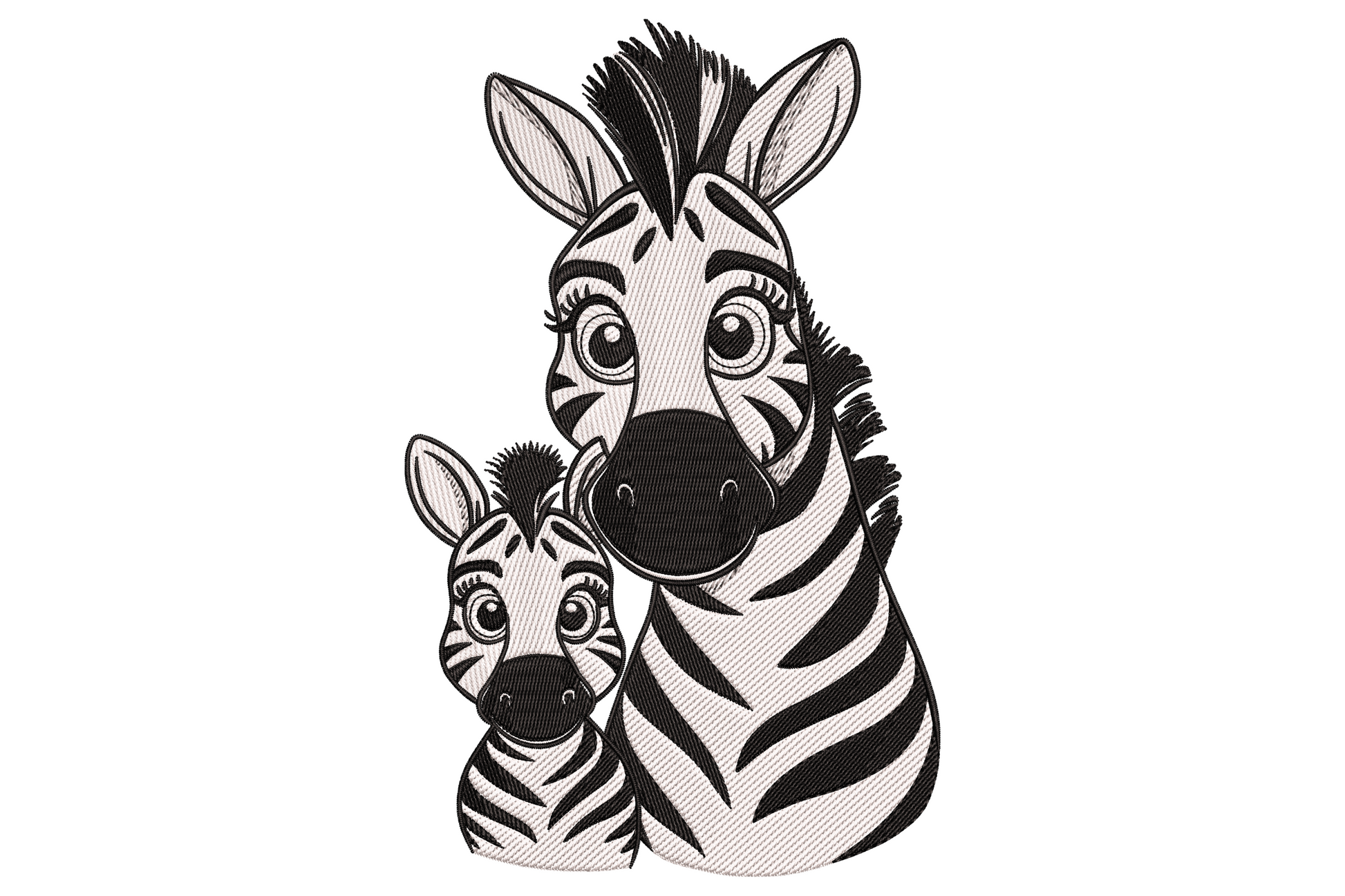 Mother and baby zebra embroidery design with bold black stripes, white skin fill, baby tucked beneath the mothers neck.