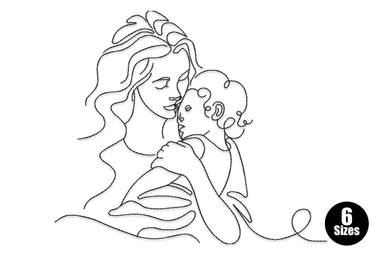 Mother and child line art embroidery, gestural minimal figures, single colour running stitch, 6 sizes up to 6.85 inches